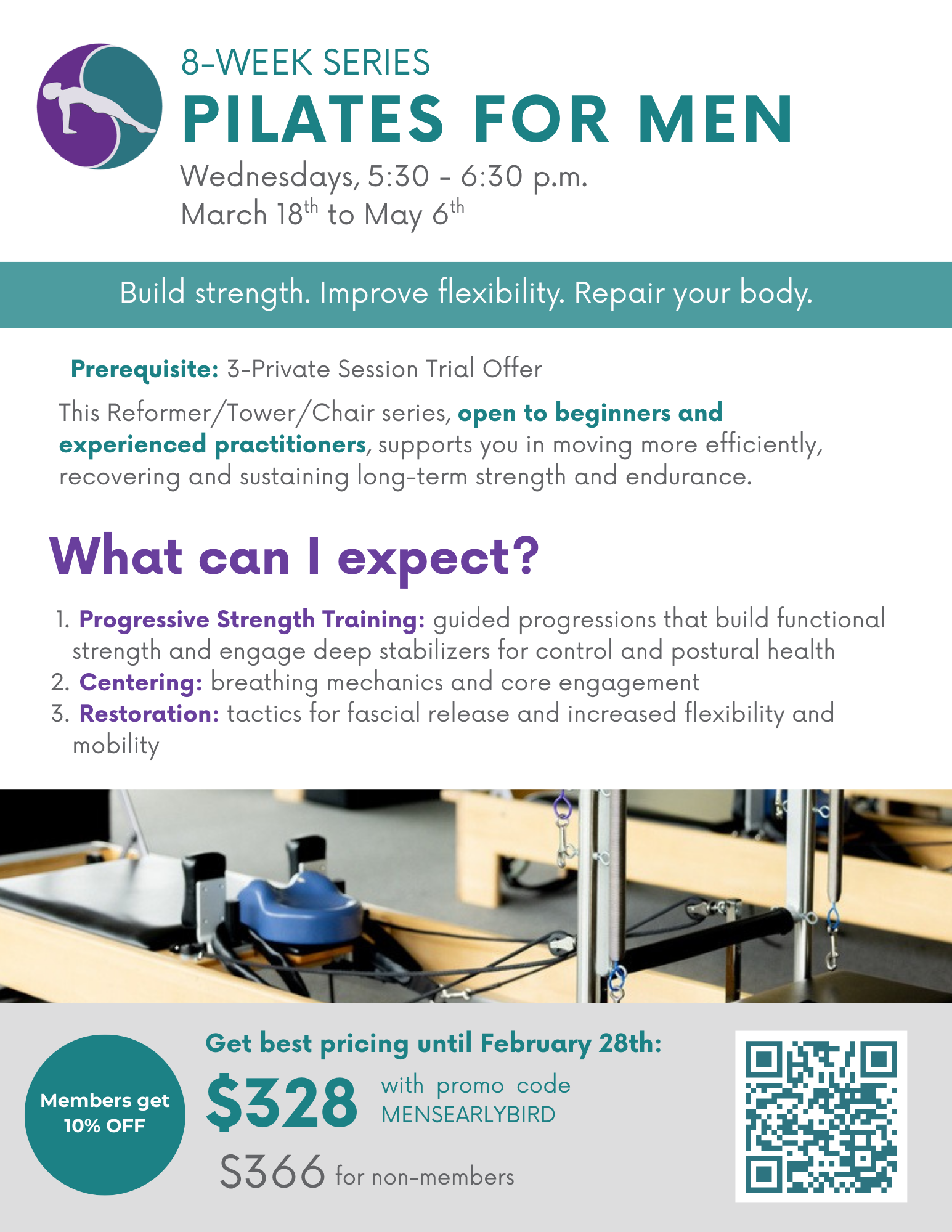 Pilates for men 8-week series details and pricing.